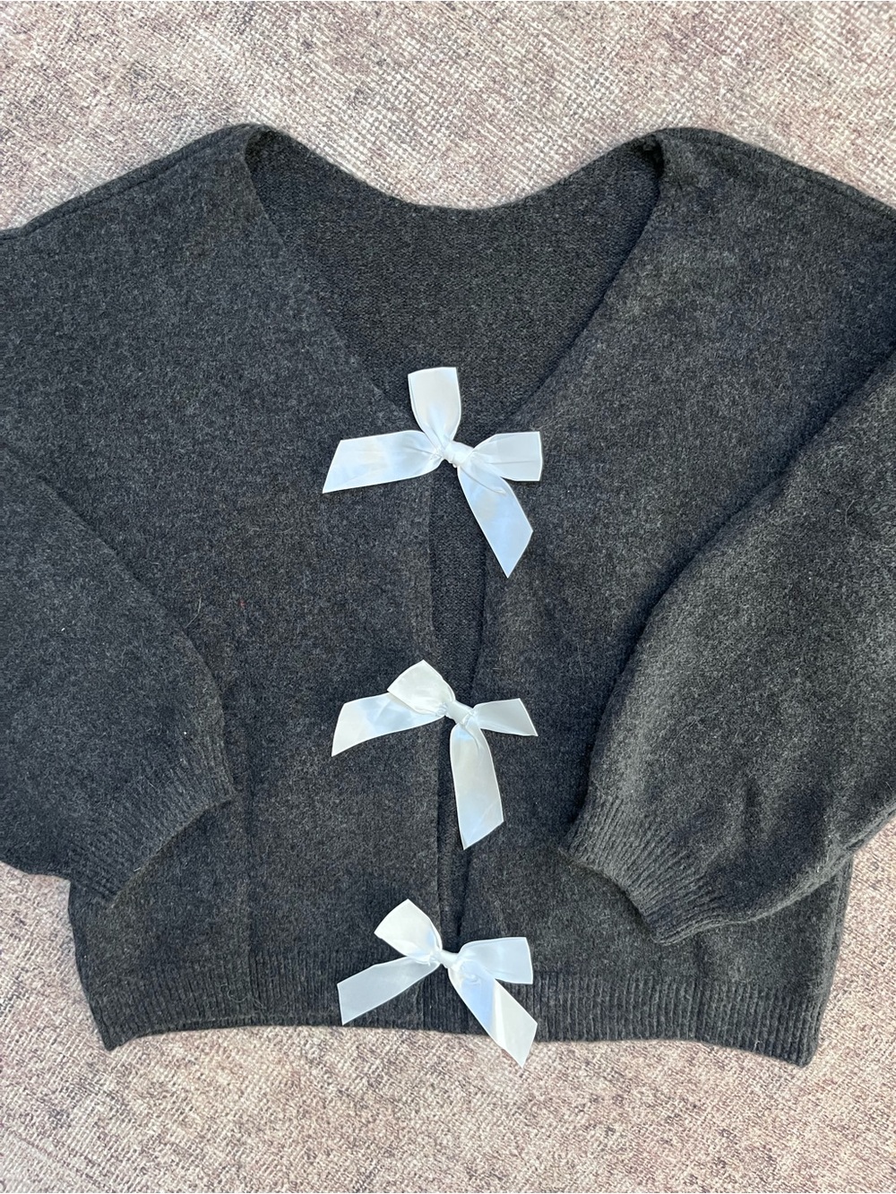 Soft Charcoal Feminine Bow-Accent V-Neck Cardigan Cozy Sweater XL